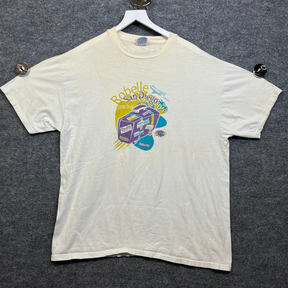 Hanes T-Shirt Mens XL Cream Good Vintage 1998 Robelle San Diego Tour Beefy-T